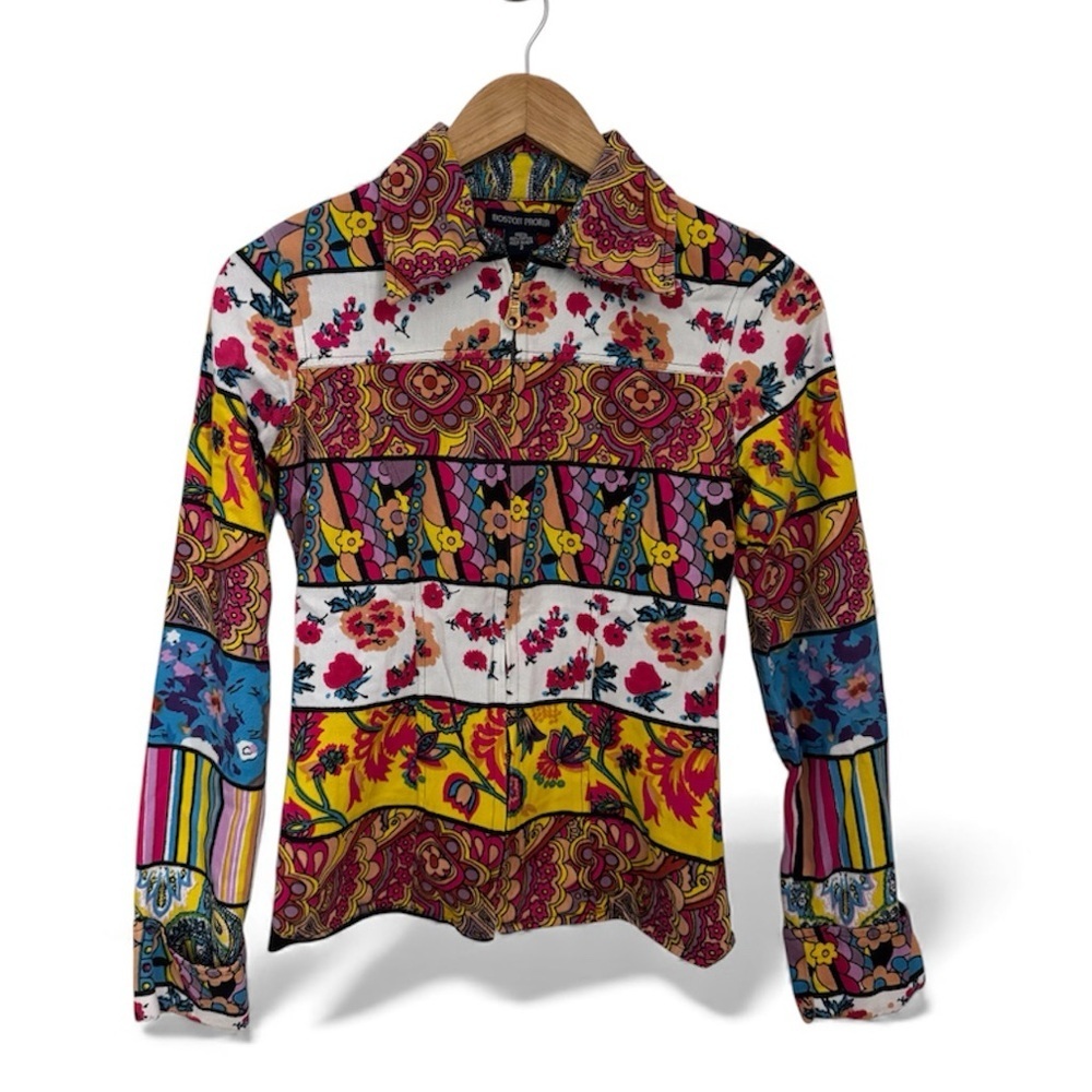 Boston Proper Mixed Print Boho Zip Front Jacket Top Patchwork Retro Style Size 2